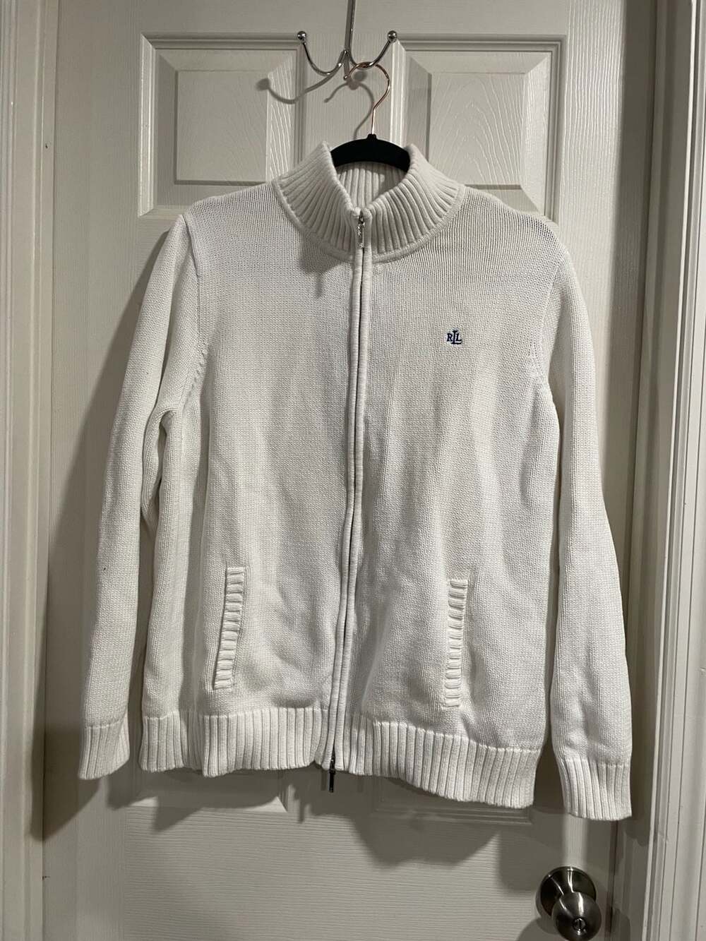Lauren Ralph Lauren White Cotton Full Zip Mock Neck Sweater Cardigan 2X